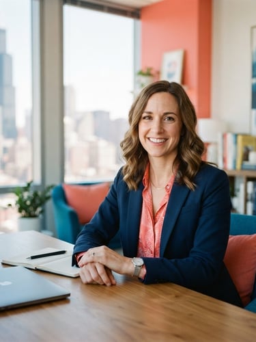 A professional environmental portrait of a female career counselor in a bright modern Chicago office, natural daylight, vibrant blue and coral accents, shallow depth of field, 35mm