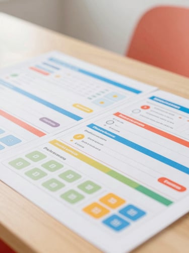 Close-up of physical assessment materials and colorful aptitude test charts on a clean wooden desk, bright natural daylight, vibrant coral accents, shallow depth of field
