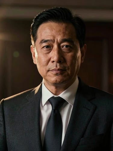 Authoritative close-up portrait of an experienced real estate mentor in a tailored dark suit, low-key dramatic rim lighting, moody boardroom background, cinematic luxury.