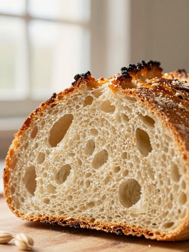 Macro close-up of a sliced sourdough loaf, open airy crumb structure, glistening caramelized crust, soft morning window light, warm oat-cream background