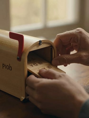 Close-up of a couple's hands gently opening a personalized wooden letter box, soft golden light, intimate moment, tactile details of wood grain and engraved initials, cinematic.