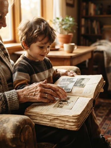Avó e neto folheando um livro de memórias artesanal, as mãos envelhecidas e jovens tocando as páginas, luz dourada de fim de tarde, ambiente acolhedor de sala de estar, foco nas texturas do papel e das mãos.