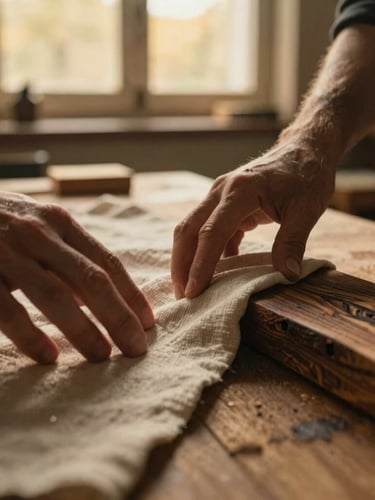 Extreme close-up of hands touching a textured linen fabric and a piece of raw, dark walnut wood on a rustic workshop table, warm golden-hour light streaming through a window, shallow depth of field, 35mm