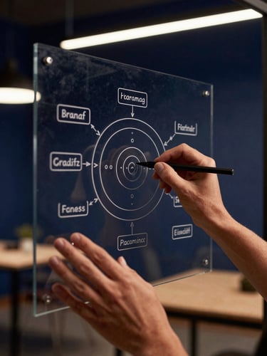 Close-up of a designer's hands mapping out a brand grammar diagram on a clean glass board, warm editorial lighting with deep navy and indigo ambient tones, sharp focus, high contrast, modern architectural workspace background, 35mm photography
