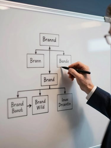 Focused professional hands drawing a structured brand architecture diagram on a clean white board, sharp focus, warm editorial lighting, indigo ambient light, 35mm