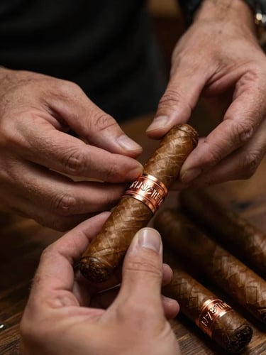 Chiaroscuro portrait of an artisan's hands carefully applying a custom-designed embossed copper band to a freshly rolled cigar, warm low-key light.