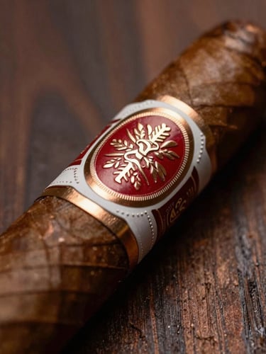 Extreme close-up of a premium cigar band with embossed copper foil details and intricate relief patterns, resting on dark Spanish cedar wood, dramatic side lighting