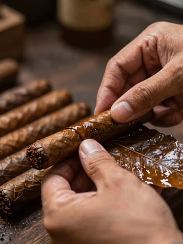 Extreme close-up of hands carefully rolling a dark, oily wrapper leaf around a cigar bunch in a traditional factory, warm dramatic side lighting, rich textures.