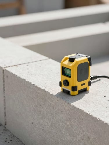 Close-up of clean, modern masonry work being measured with a laser level, bright natural daylight, sharp details, professional technical focus, 35mm lens