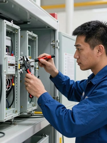 Plano medio de un técnico uniformado ajustando con precisión un tablero eléctrico industrial, luz natural diurna, enfoque nítido en las herramientas.