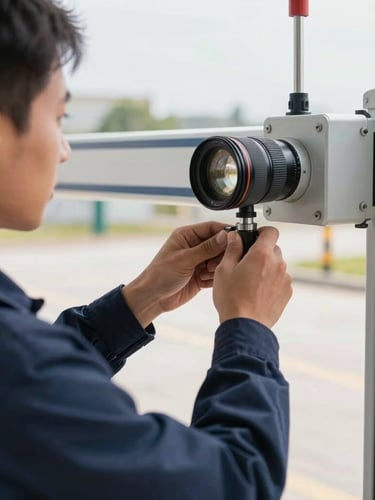 Close-up of a technician in a dark blue uniform calibrating an automatic gate mechanism, bright natural daylight, clean technical focus, sharp details, 35mm lens