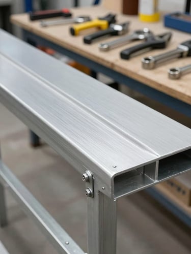 Primer plano de un acabado de pintura impecable sobre una estructura metálica de herrería, herramientas de precisión ordenadas al fondo sobre mesa de trabajo.