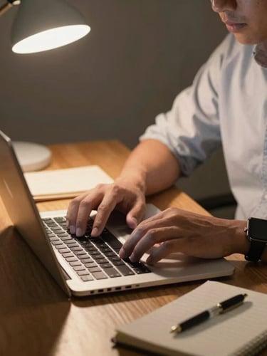 A close-up shot of an Indonesian professional studying on a laptop at night, warm desk lamp lighting, notebook and coffee cup nearby, natural setup.