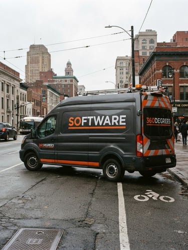 Branded 360DEGREES SOFTWARE service vehicle, dark gray with high-visibility orange accents, parked on a Rochester city street, overcast daylight, wide shot.