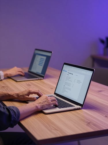 Hands of developers collaborating over a laptop on a minimalist wooden desk, warm ambient lighting with subtle violet tones, sharp focus, 35mm