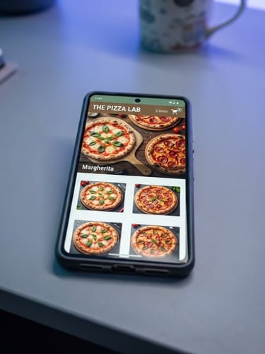 Close-up of a modern smartphone displaying a vibrant local pizzeria website with an integrated shopping cart, clean digital product photography on a minimalist desk, subtle blue and violet ambient studio light, sharp focus, 35mm