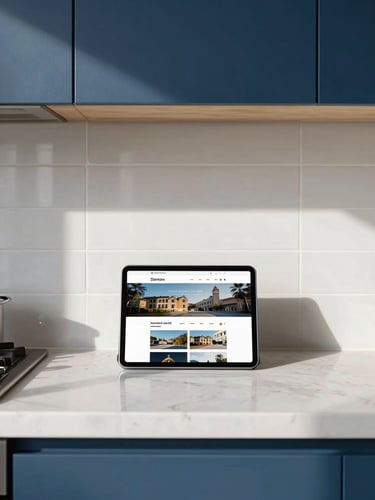 Architectural straight-on shot of a modern San Antonio kitchen with clean tile lines and bright natural daylight, showing a tablet on the counter with a clean website layout.