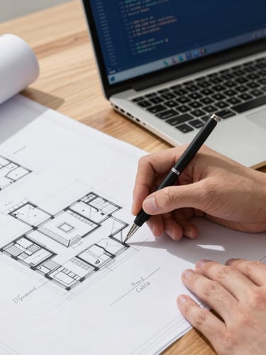 Close-up of hands sketching architectural blueprints on a wooden desk next to an open laptop displaying clean code, bright Texas daylight, sharp focus