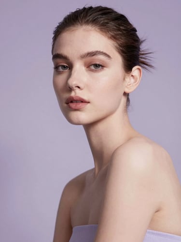 Elegant high-fashion portrait of a young woman looking confidently at the camera, soft bone background, diffused studio lighting with subtle lilac shadows, 85mm lens