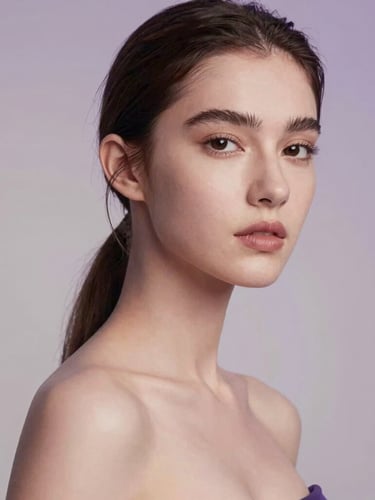 High-fashion editorial portrait of a young woman with elegant styling, soft diffused studio lighting with gentle lilac shadows, minimalist bone-toned background, 85mm lens, shallow depth of field.