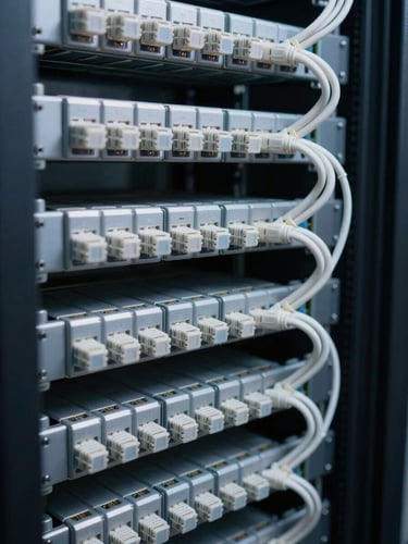 Tight close-up of structured network cabling inside a server cabinet, each cable bundled and routed with geometric precision, cool controlled studio light revealing clean lines and ordered hierarchy, no extraneous elements in frame