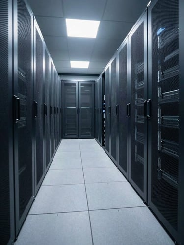 Wide environmental shot of a structured server room corridor, cool north-facing fluorescent light casting sharp parallel shadows on precisely ordered rack units, shot from a low geometric angle emphasizing depth and repetition of clean lines, no people, nothing extraneous in the frame