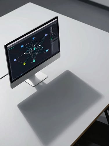 Overhead geometric angle of a clean engineering workspace, a single monitor displaying a network topology diagram, matte desk surface with no clutter, cool north-facing daylight casting sharp clean shadows, wide negative space to the right