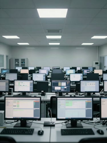 Wide environmental shot of a clean operations room, rows of monitors showing system status in muted tones, cool fluorescent ceiling light, no personnel visible, emphasis on ordered structure and negative space in the foreground