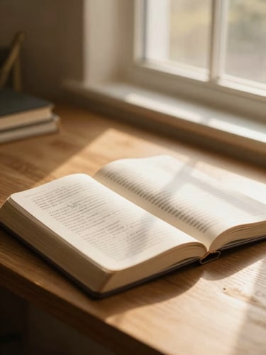 An open Bible with handwritten notes on a warm wooden desk, soft golden-hour window light, elegant and quiet study atmosphere.