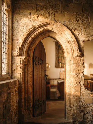 Warm natural window light reflecting on a historic stone archway inside a sacred leadership space, shallow depth of field, golden tones.