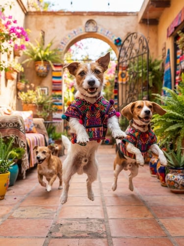 Vibrant playful dogs jumping in a sunny Mexican courtyard, wearing colorful handmade shirts, bright natural daylight, eye-level shot, sharp focus