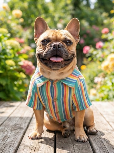 Bright cheerful French Bulldog wearing a custom tailored colorful striped shirt, sitting happily in natural daylight, vibrant tones, eye-level shot