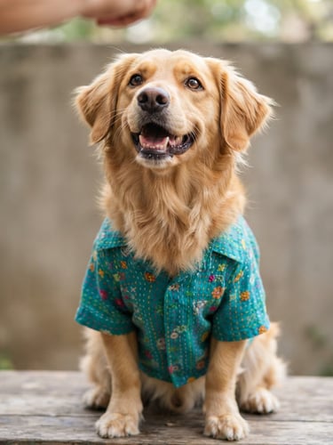 Bright cheerful dog looking up happily, wearing a colorful handmade teal shirt, natural daylight, soft gray background, eye-level framing