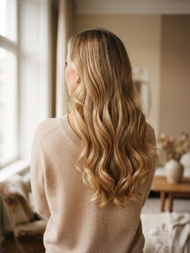 Rear view of a soft blonde balayage on long wavy hair, elegant styling, warm-toned editorial photography, shallow depth of field, 35mm