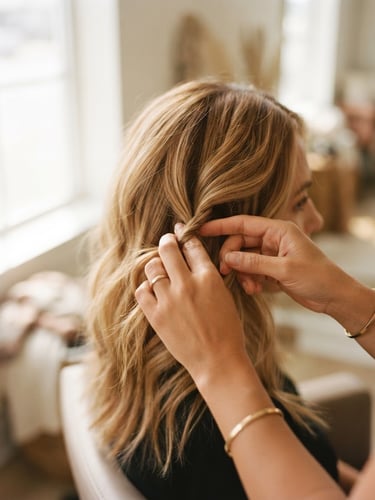 Close-up of hands gently styling warm-toned hair under soft natural window light, shallow depth of field, 35mm