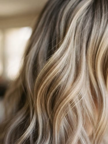 Close-up of soft balayage hair texture, warm natural window light, muted cream and taupe tones, shallow depth of field, 35mm