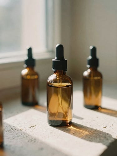 Close-up of elegant amber glass apothecary bottles on a raw stone surface, soft morning sunlight streaming through a window, warm shadows, 35mm film look