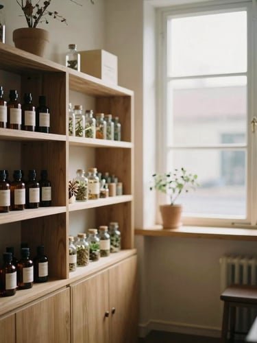 Warm minimalist interior of an apothecary shop, soft morning window light highlighting wooden shelves with curated botanicals, peaceful atmosphere