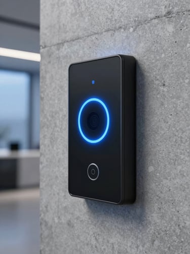 Extreme close-up of a sleek black wall-mounted touch panel in a minimalist concrete lobby, showing a secure access interface with a sharp electric blue LED indicator ring, premium corporate mood