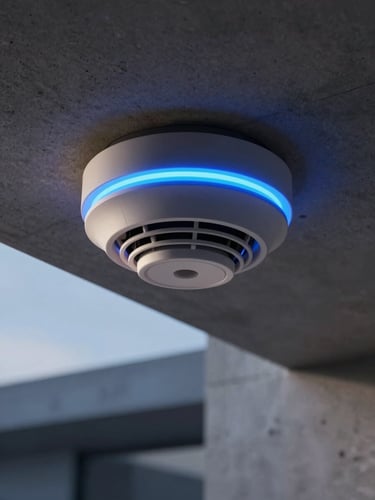 Extreme close-up of a high-end industrial smoke detector with a glowing blue LED ring, mounted on a dark concrete ceiling, architectural lighting