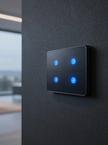 Sleek wall-mounted touch panel on a dark textured wall in a minimalist architectural space, soft blue LED indicators glowing, shallow depth of field, 35mm lens, premium corporate mood