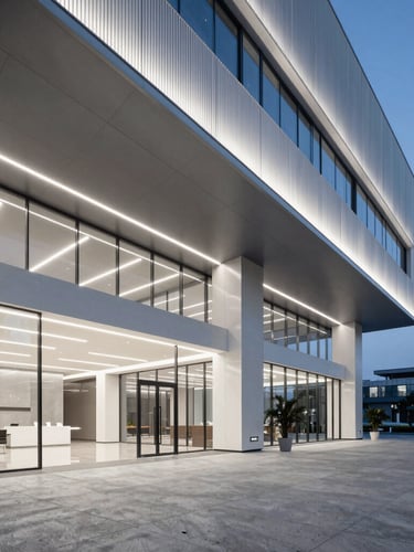 Architectural vertical portrait of a modern office lobby with clean lines, high ceilings, integrated smart linear lighting, polished concrete floor