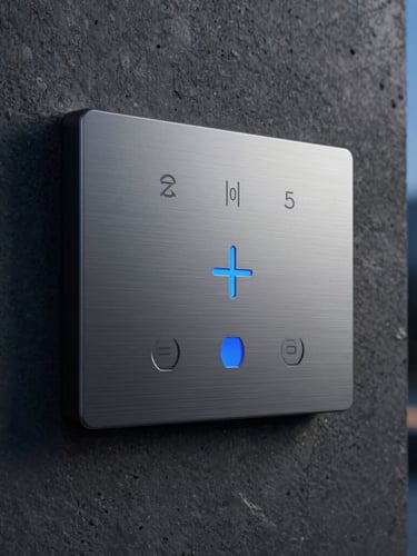 Extreme close-up of a premium brushed metal smart home touch panel mounted on a dark textured concrete wall, subtle blue LED indicator light, sharp focus, high-end interior
