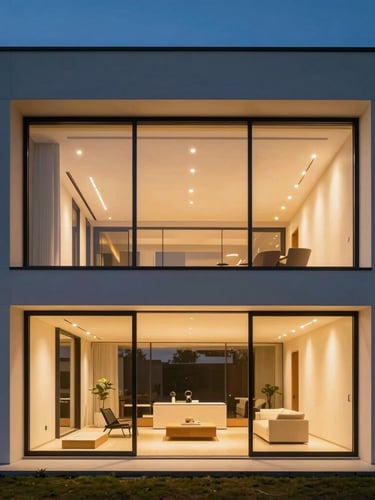Wide shot of a modern minimalist villa interior at dusk, warm golden interior lighting contrasted with cool blue ambient sky, clean lines, high-contrast, premium corporate mood