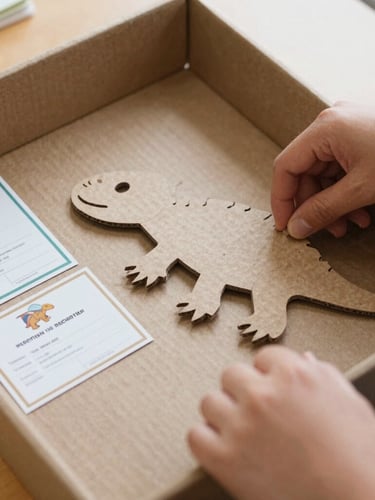 Close-up of hands arranging flat-packed cardboard reptile templates and miniature adoption certificates in a neat classroom shipping box, natural light