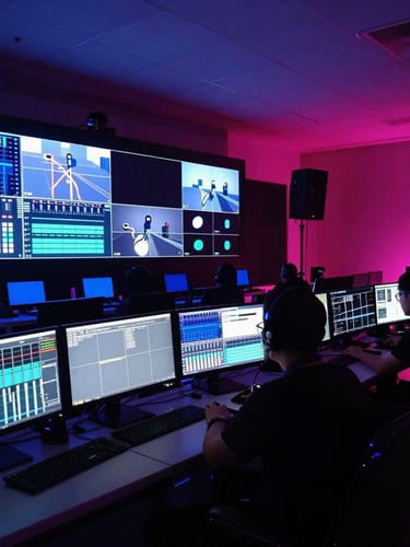 Wide-angle view of a high-tech event control booth, glowing monitor screens showing audio levels and video feeds, professional technician in silhouette, ambient magenta and blue stage lighting, 35mm