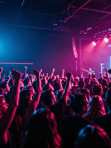 Dramatic wide-angle action shot of a live music concert crowd in motion, high-contrast stage lighting, neon blue and magenta ambient glow, 35mm