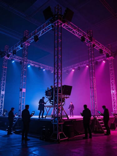 Wide-angle dramatic shot of a technical production crew setting up a massive stage rig under deep blue and magenta lighting, 35mm
