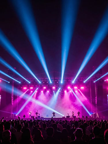 Dramatic wide-angle shot of a massive concert stage lighting rig, electric blue and magenta beams cutting through haze over a dark crowd, 35mm.