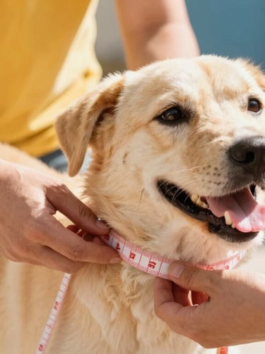 Warm editorial close-up of hands gently measuring a happy dog's chest with a soft measuring tape, bright natural daylight, Celaya workshop.